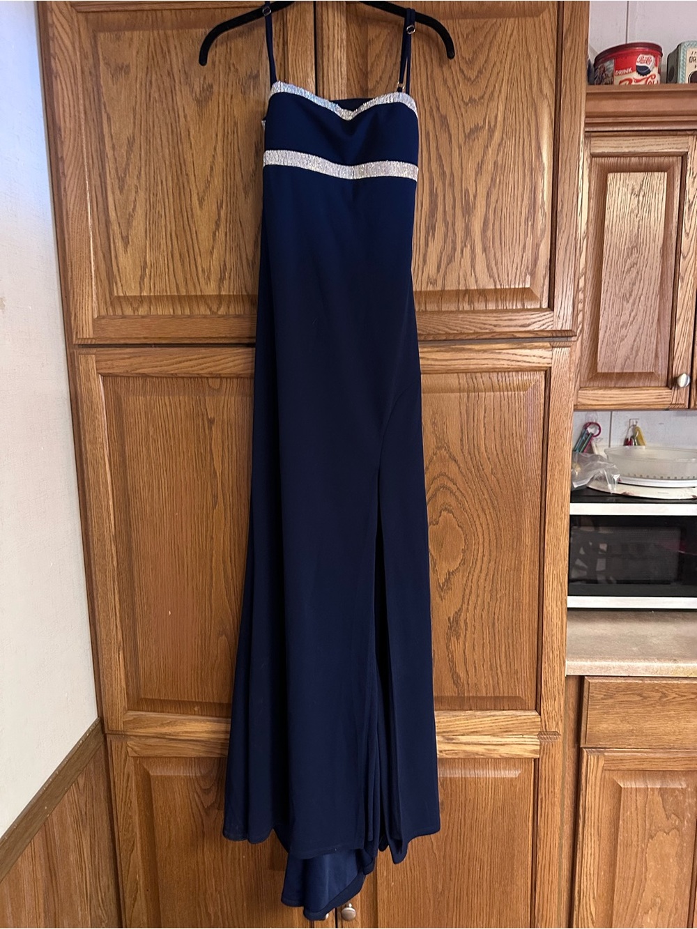 Navy Prom Dress with Silver Rhinestone Trim